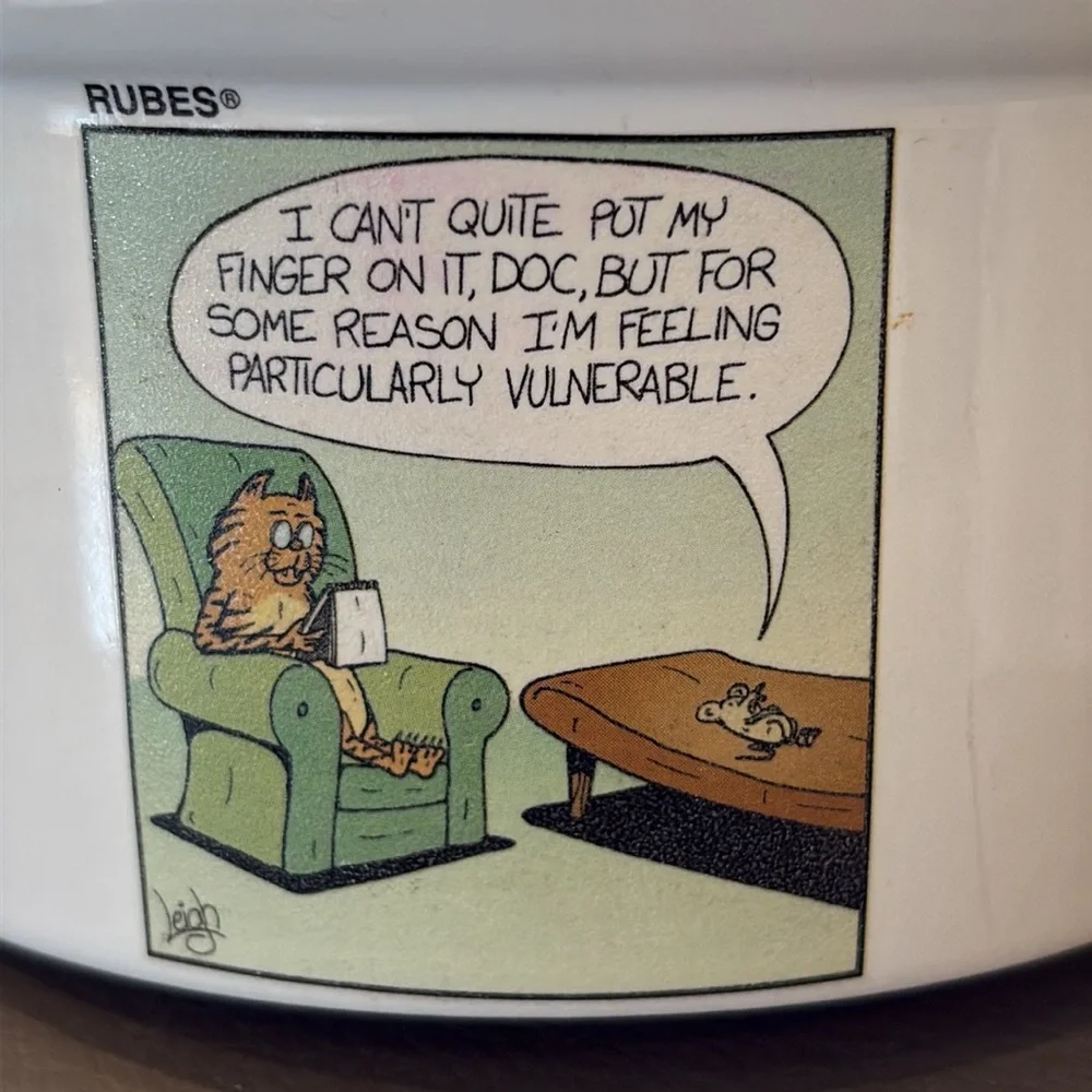 Rubes Leigh Rubin Cat Bowl with Mischievous Cat Cartoon Scenes 2002, 2.75” Deep